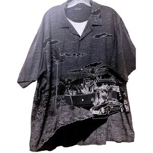Nautica Rayon Camp Button Up Shirt Mens L Charcoal Gray Tropical Car Scenic